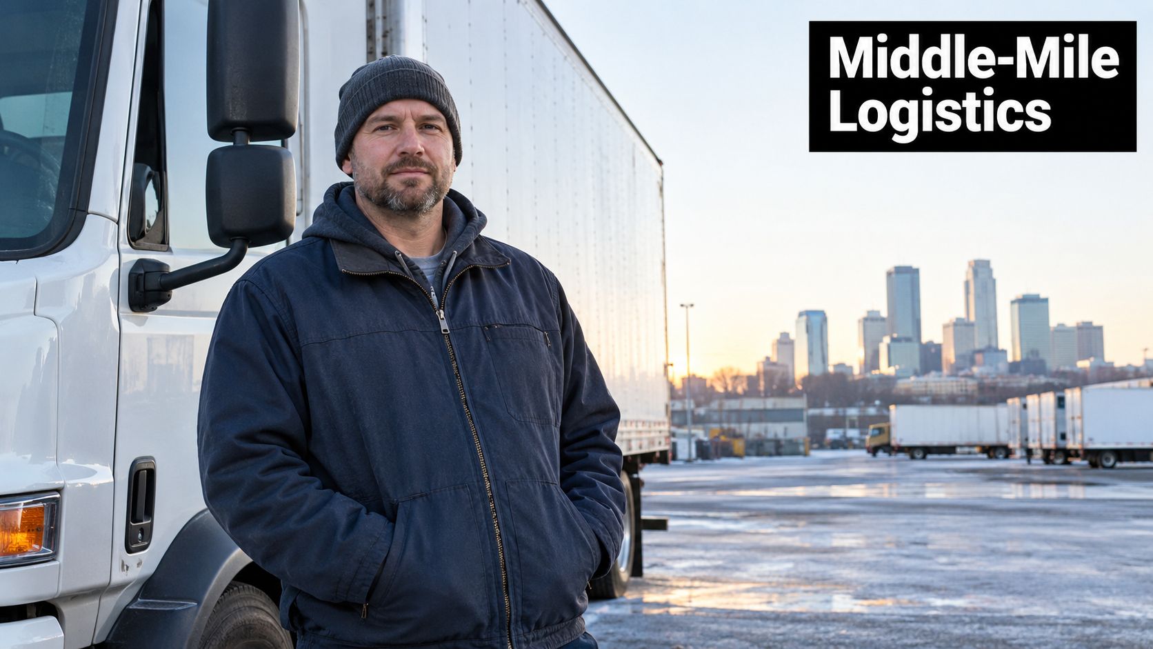 A truck driver wearing a beanie and jacket stands beside a large delivery truck during sunrise.