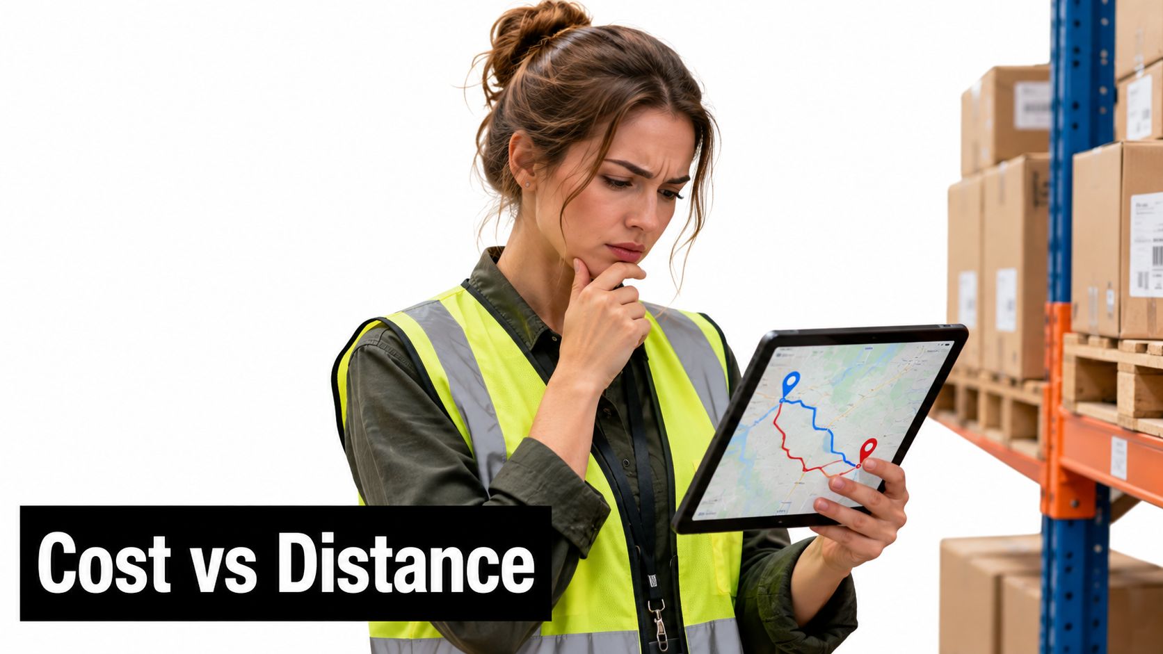 A logistics professional analyzing digital delivery routes on a tablet to determine cost versus distance efficiency.