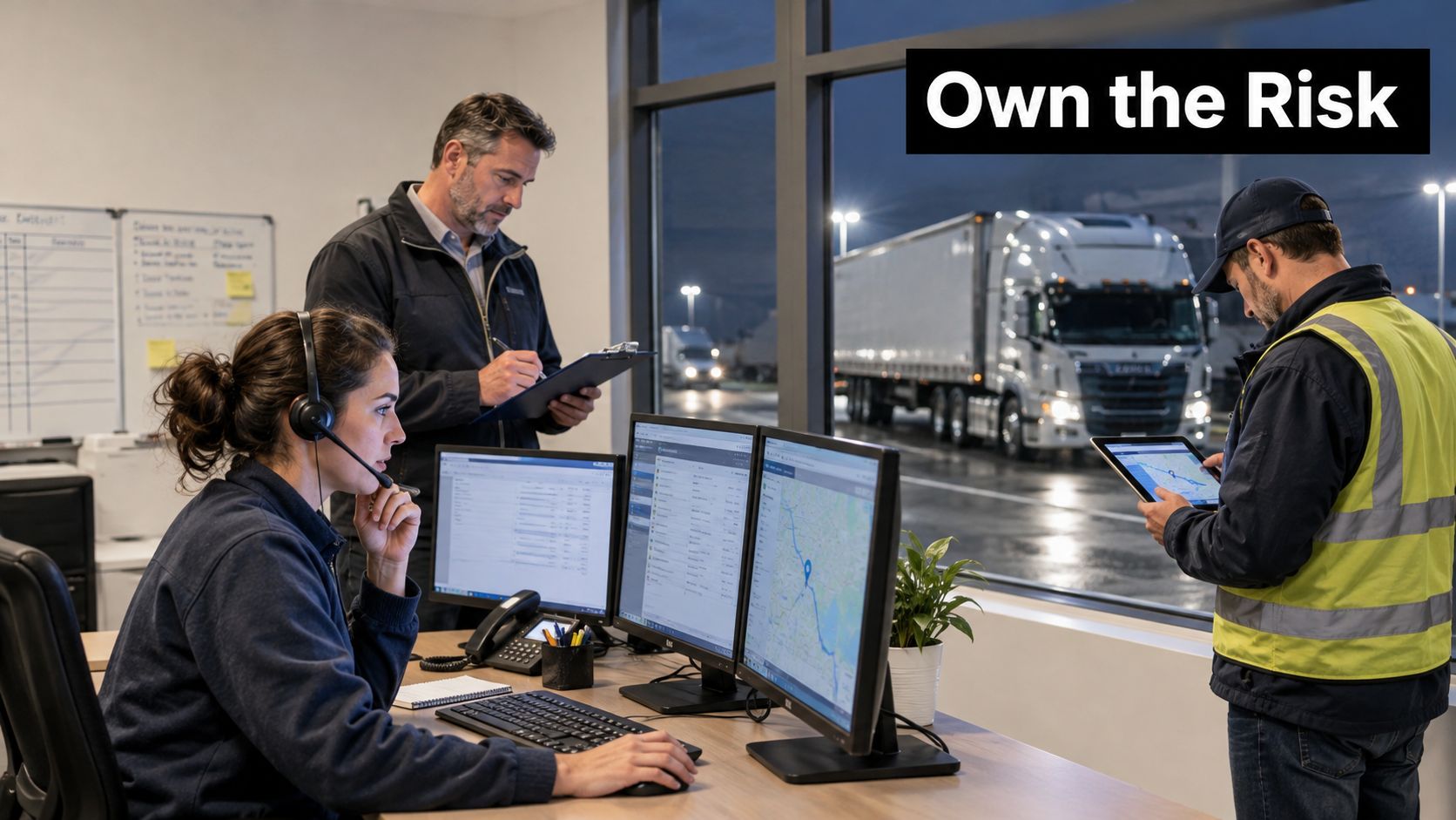 A team coordinating logistics and transport operations in a modern office with trucks visible outside.