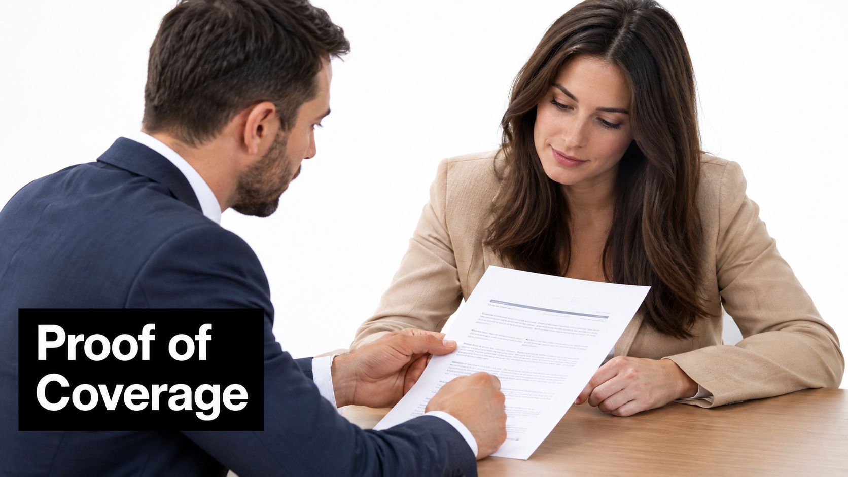 A professional man in a business suit reviewing insurance documents with a woman in an office