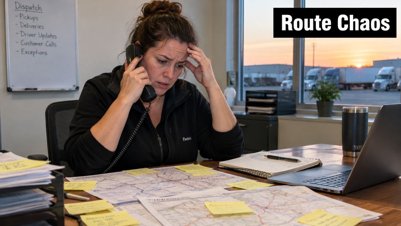 A stressed dispatcher talking on the phone at a desk covered in maps and sticky notes.