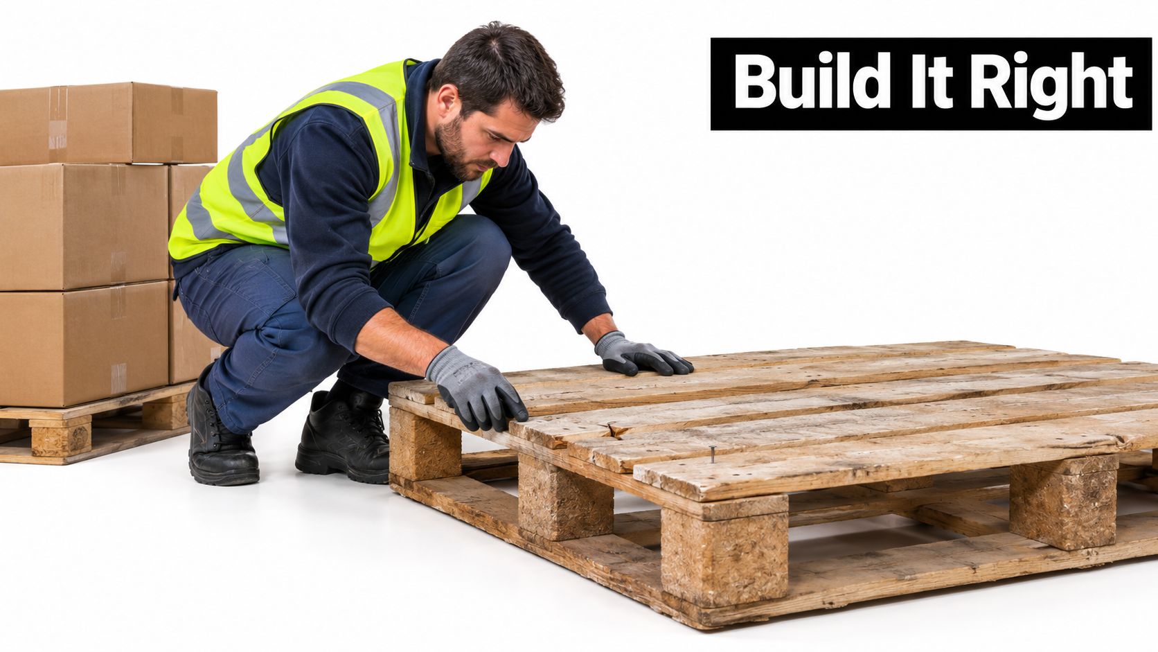 A warehouse worker wearing a high-visibility vest and safety gloves inspecting a wooden pallet for cargo safety.