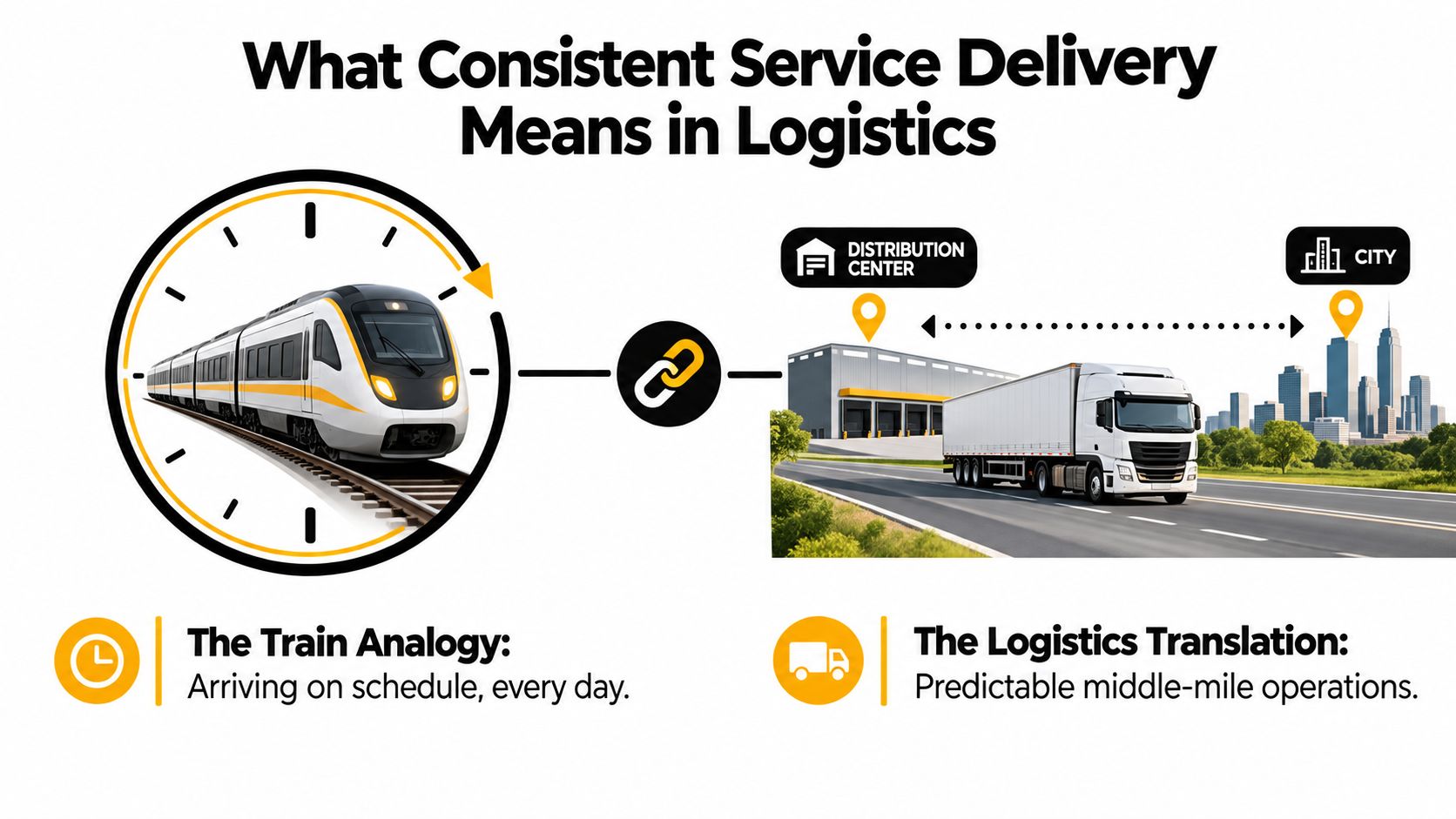 An infographic illustrating consistent service delivery in logistics, comparing train schedules to predictable middle-mile trucking operations.