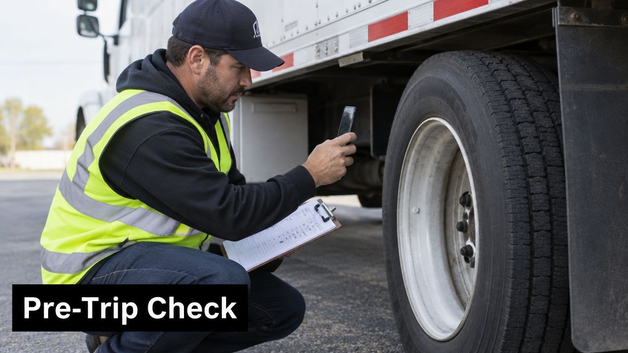 A truck driver in a high-visibility vest inspects a truck tire and takes photos for documentation.