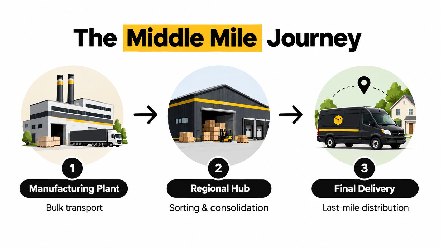A diagram illustrating the middle mile logistics process from manufacturing plant to final delivery via regional hub.