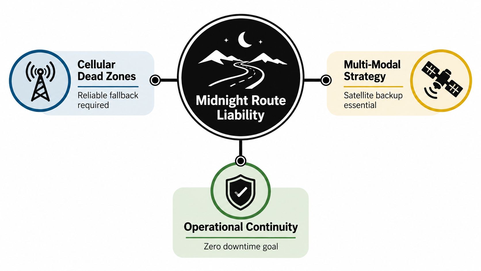 A diagram illustrating midnight route liability risks, emphasizing cellular dead zones, multi-modal satellite strategies, and operational continuity.
