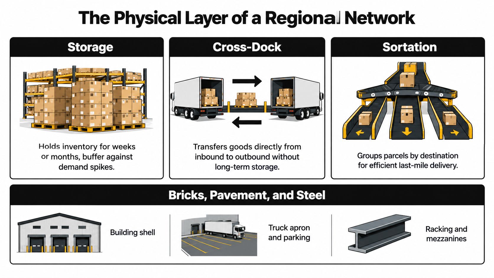 A diagram illustrating the physical layer of a regional logistics network including storage, cross-dock, and sortation systems.