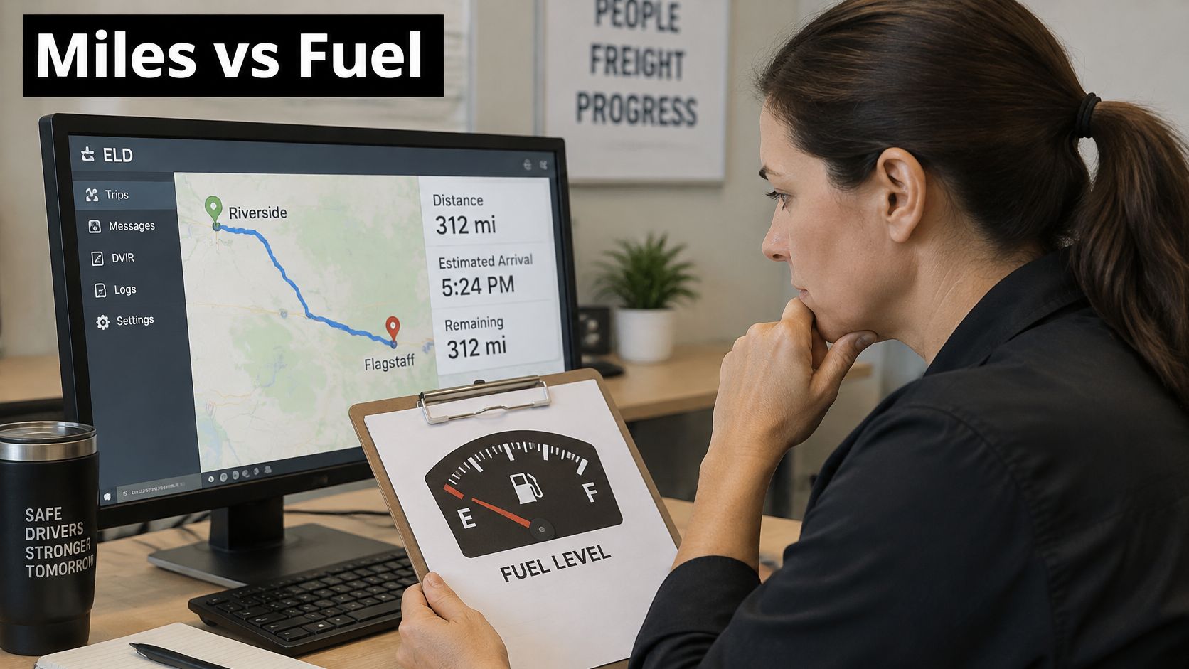 A professional analyzing a digital navigation map and a fuel gauge chart on a clipboard at a desk.