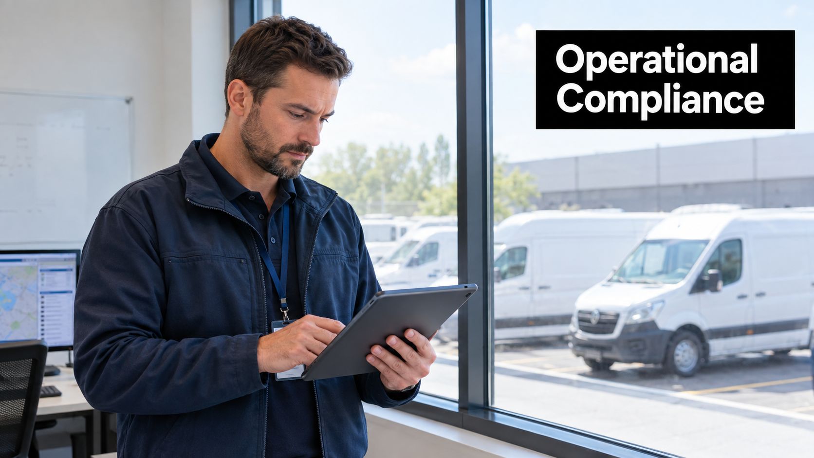 A professional man checking a tablet with a fleet of delivery vans visible through the office window.