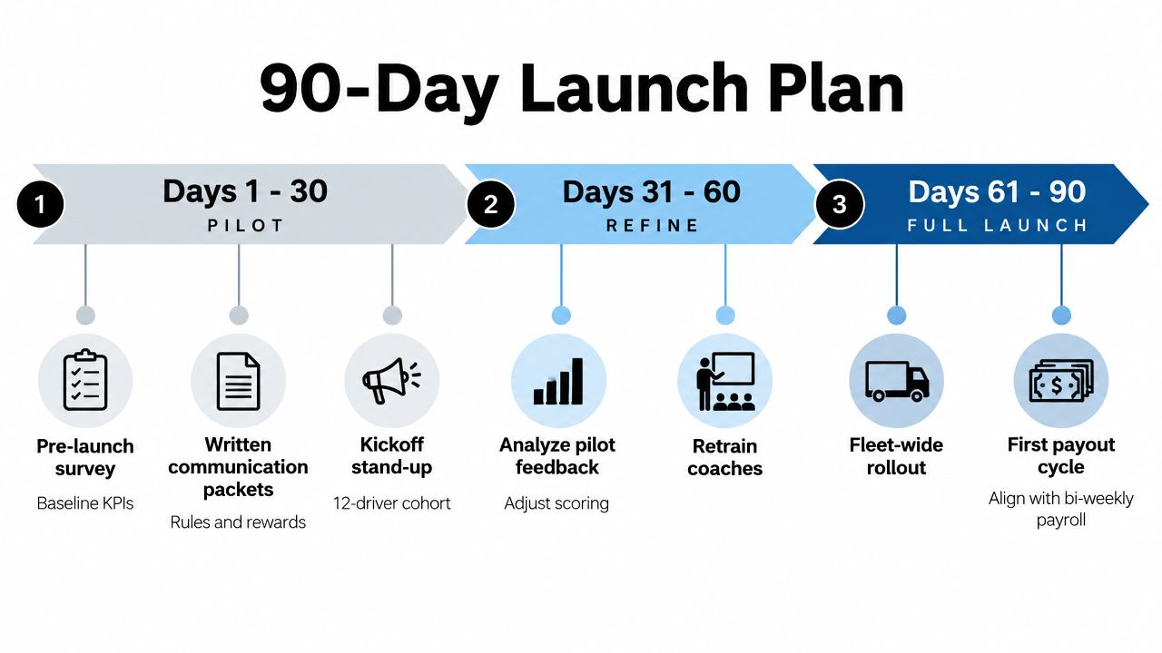 A 90-day launch plan infographic outlining phases for pilot, refine, and full launch of a program.