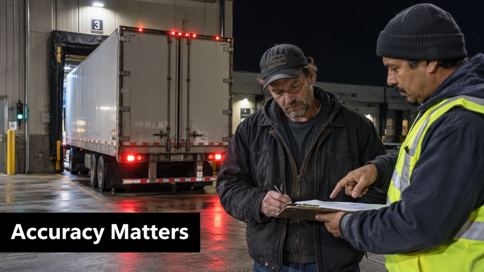 Two warehouse workers in high-visibility gear review logistics documentation together next to a large semi-trailer truck.