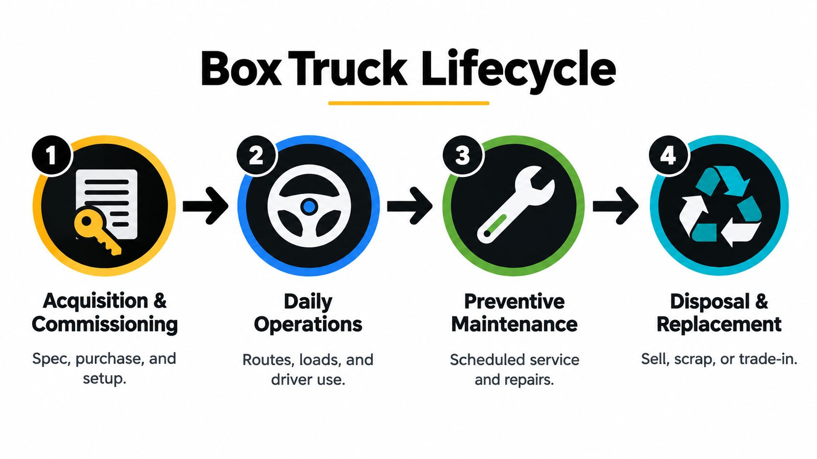 An infographic showing the four-stage lifecycle of a box truck from acquisition to disposal and replacement.