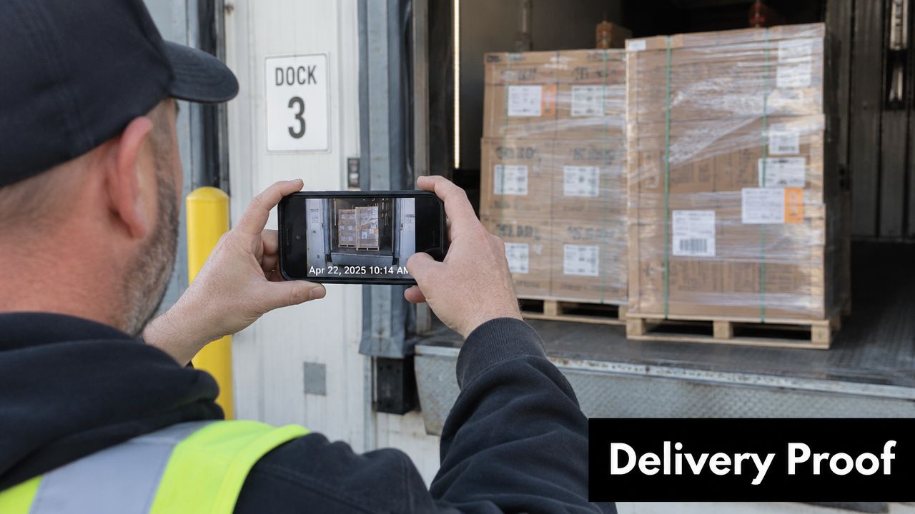 A warehouse worker captures a photo of loaded pallets inside a truck for delivery proof documentation.