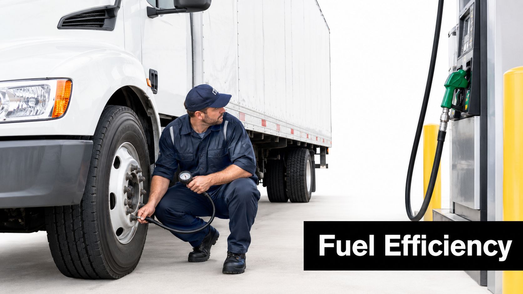 A professional truck driver crouching to check the tire pressure of a semi-truck at a fuel station.