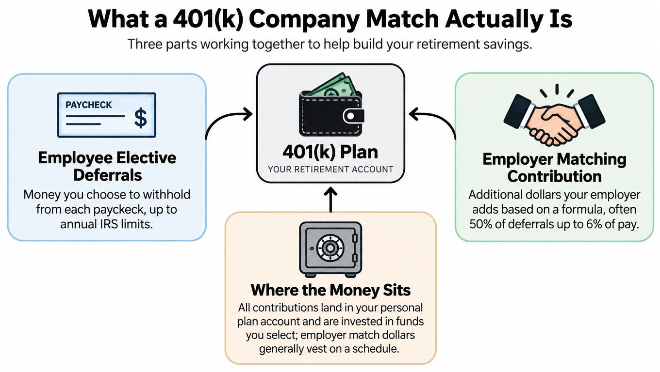 A diagram explaining how employee contributions and employer matching work together to build a 401(k) retirement account.