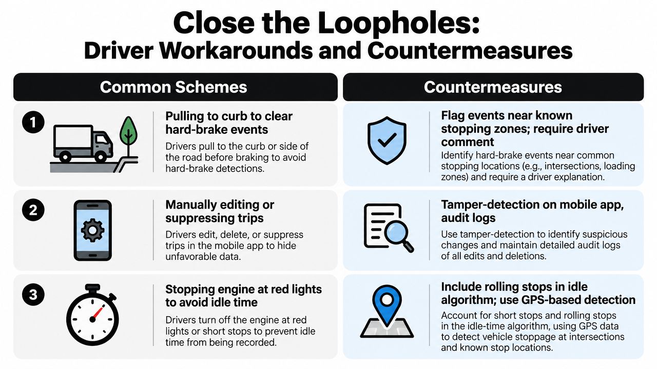 An infographic detailing three common driver loopholes for safety monitoring and corresponding countermeasures for fleet management.