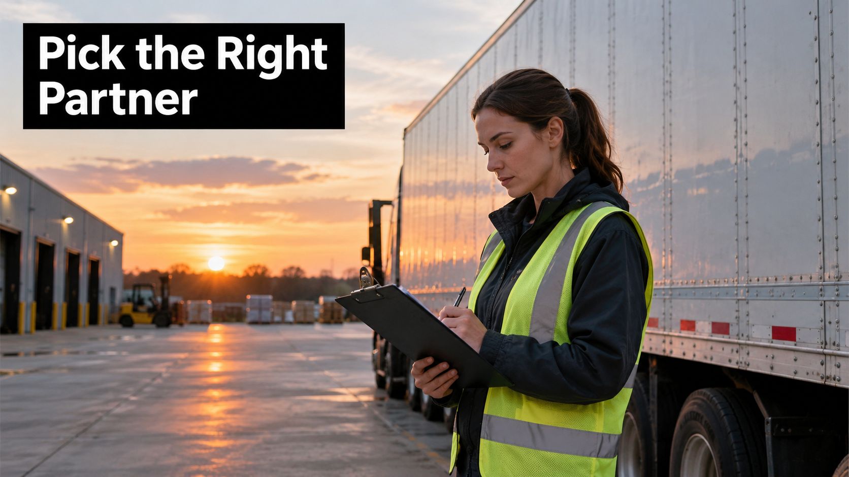 A logistics professional with a clipboard reviewing cargo shipments in front of a truck at sunset.