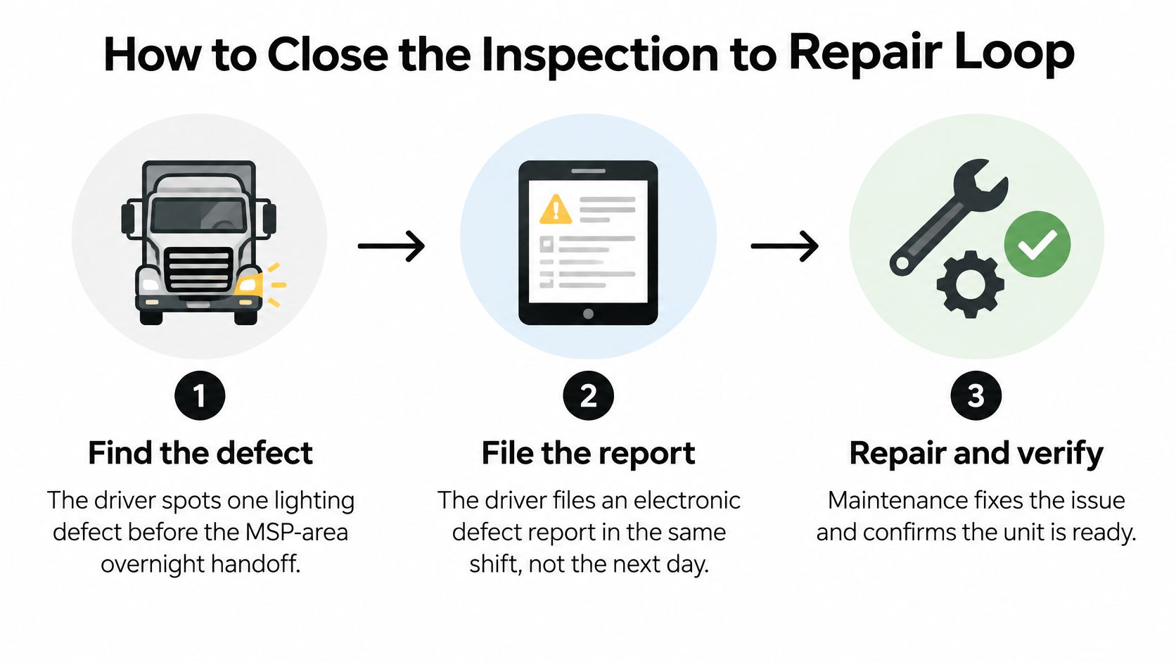 A three-step infographic showing the process from finding a vehicle defect to reporting and repairing it.