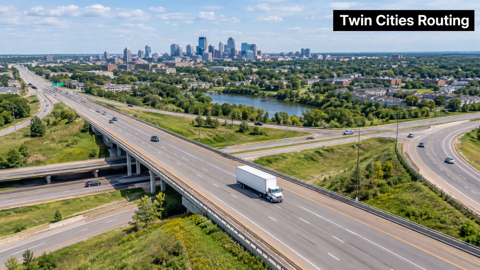 A large semi-truck driving on a highway overpass with the Minneapolis skyline in the background.