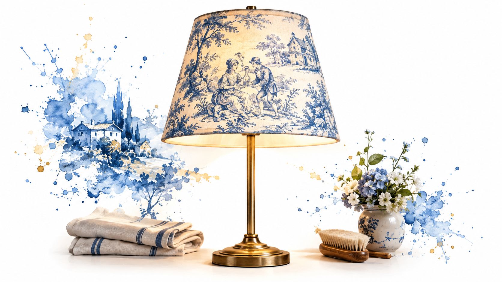 Une lampe élégante avec un abat-jour motif toile de jouy posée près de fleurs et linges anciens.