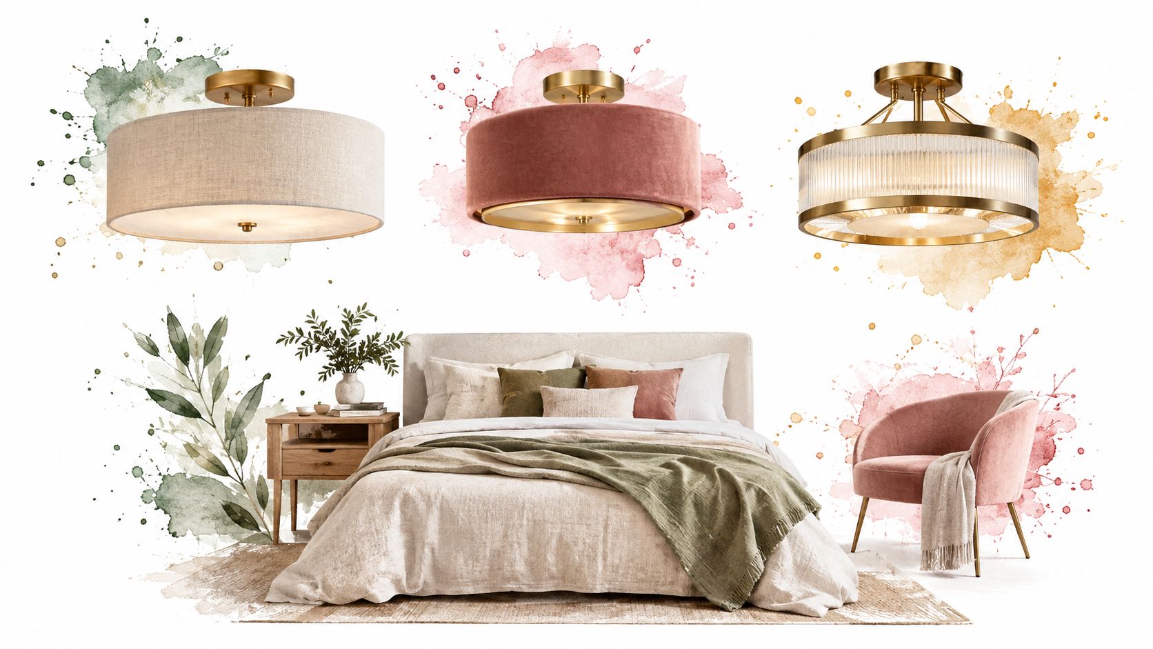 Collage décoratif pour une chambre d'adulte présentant un lit moderne, une chaise et trois plafonniers élégants.