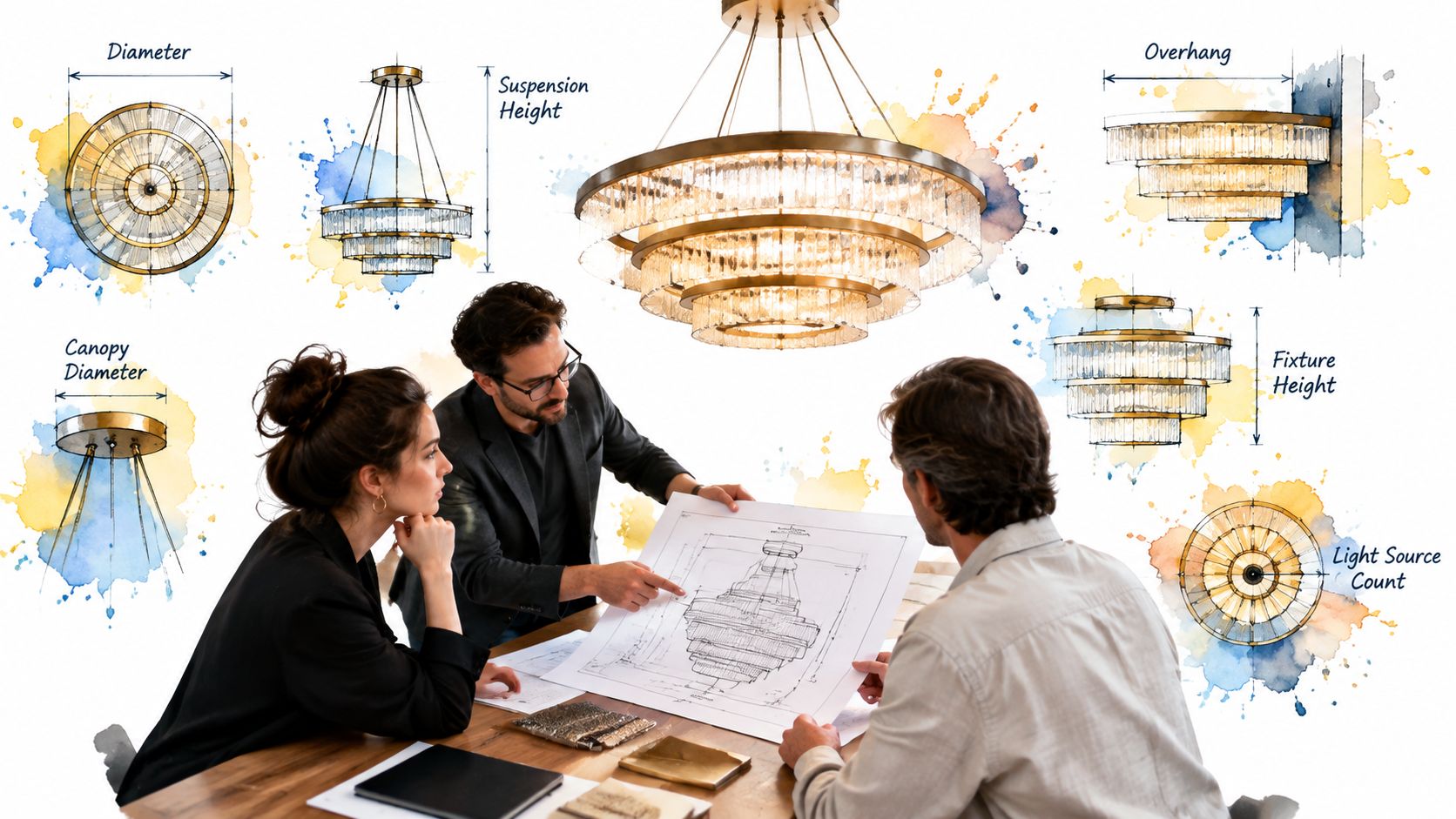 Une équipe de designers examinant les plans techniques d'un grand lustre de style hôtel sur une table.