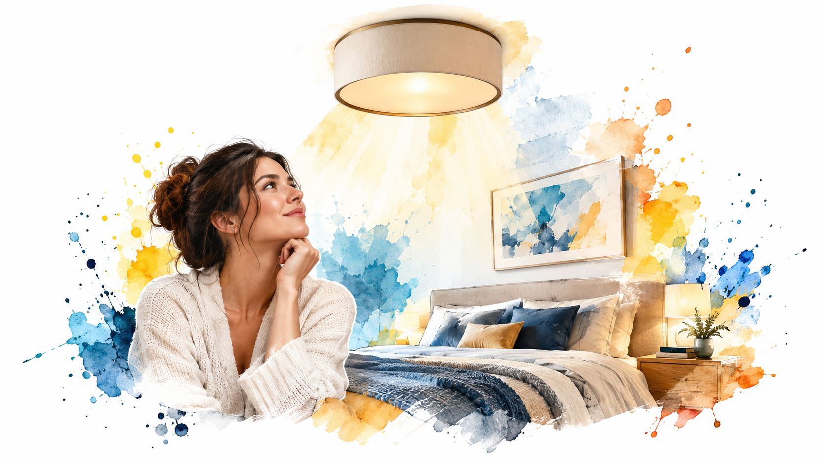 Une jeune femme souriante regarde un élégant plafonnier moderne installé dans une chambre à coucher décorée artistiquement.