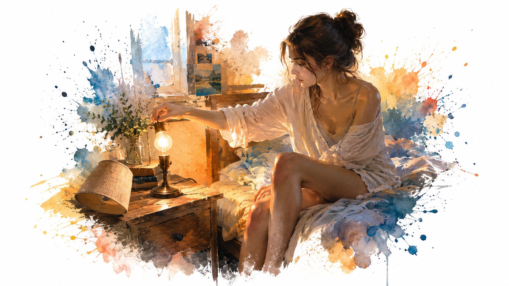 Une jeune femme pensive ajuste une petite lampe de chevet posée sur une table en bois rustique.