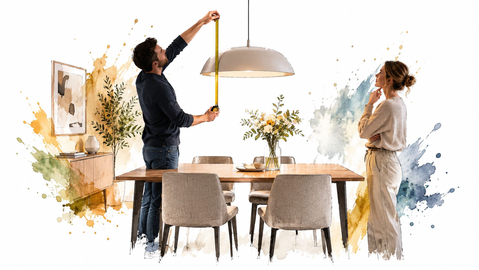 Un couple mesure la hauteur de leur suspension luminaire au-dessus de la table à manger dans leur maison.