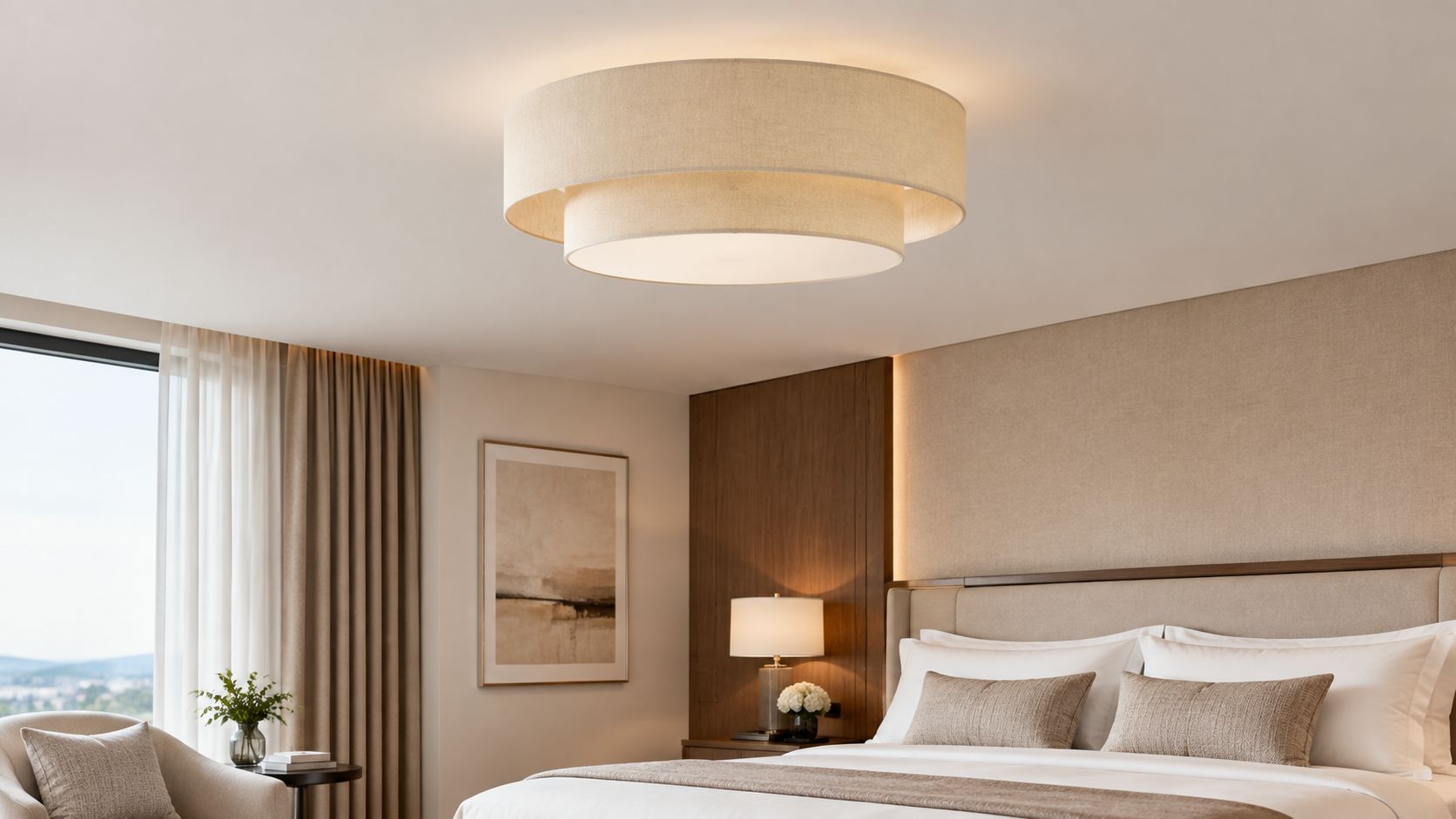 Plafonnier Double Abat-Jours Beige Lin Naturel