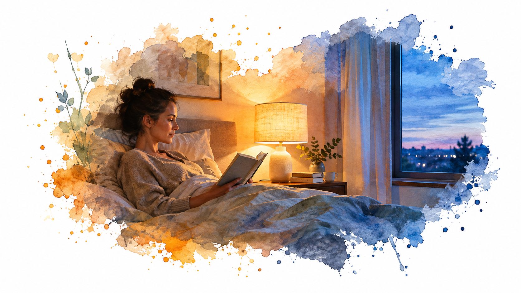 Une jeune femme relaxée lit un livre dans son lit douillet avec une lampe de chevet allumée.