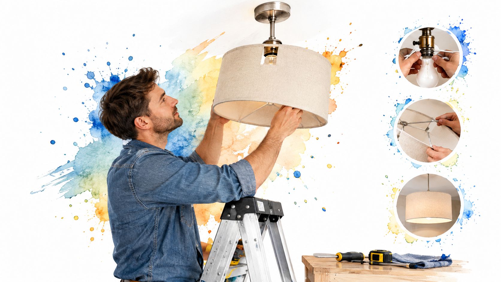 Un homme installe un plafonnier moderne au plafond en utilisant un escabeau dans une pièce lumineuse.