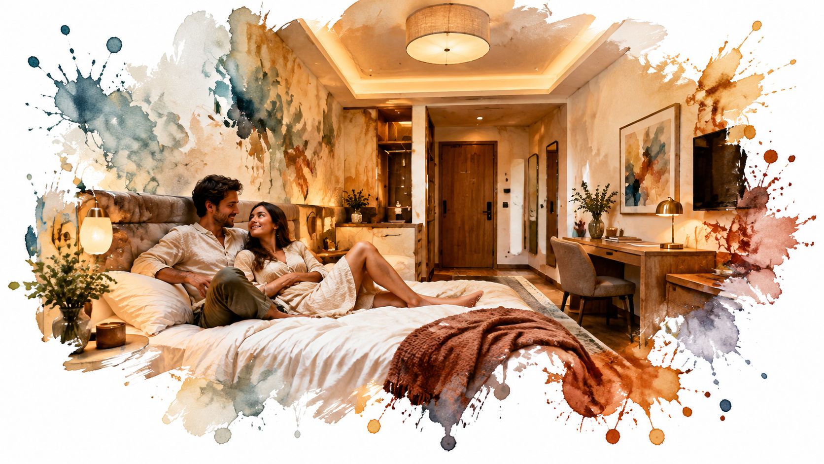 Un couple se détend dans une suite d'hôtel luxueuse au design chaleureux et élégant, éclairée par un plafonnier.