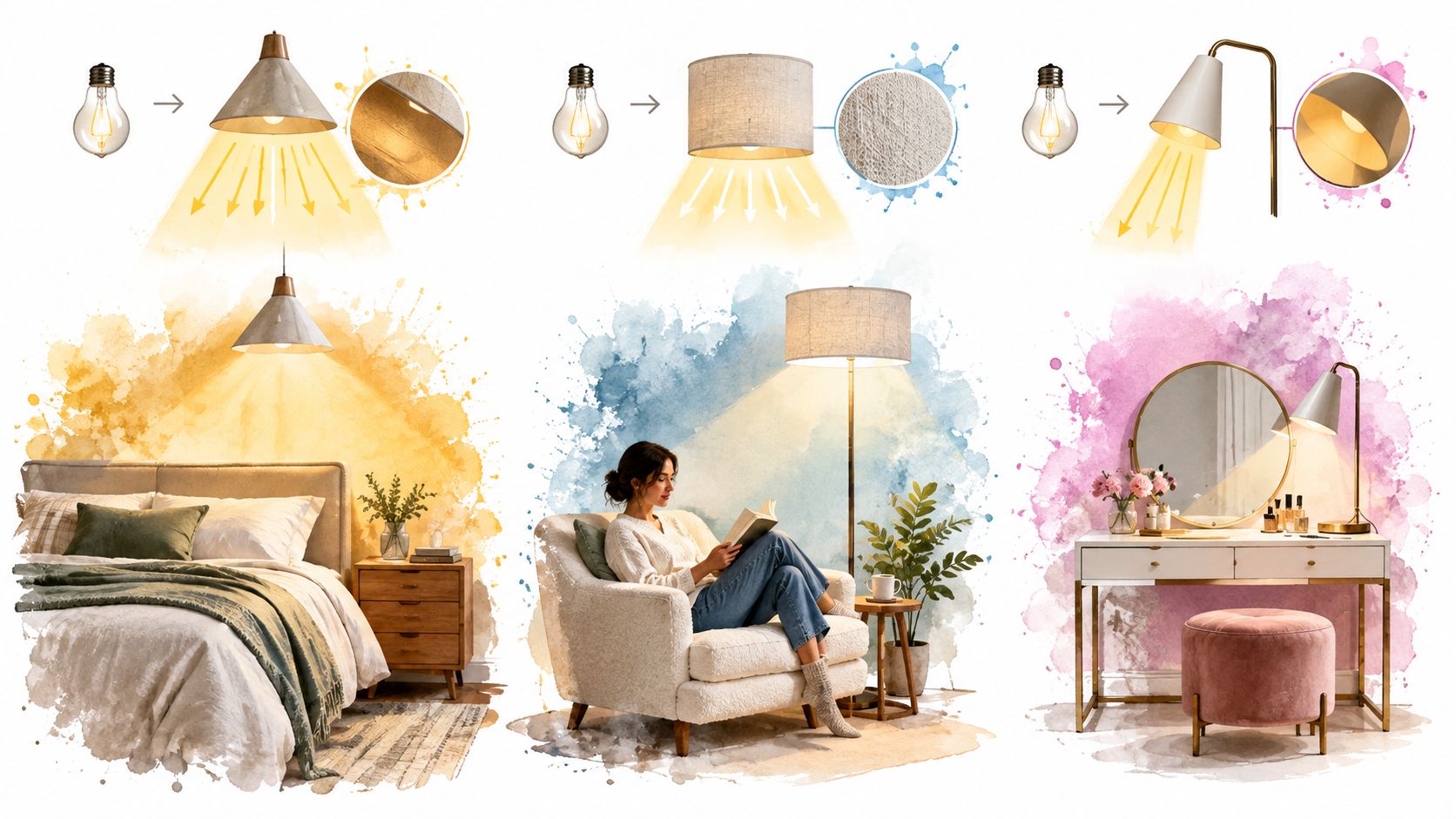 Illustration montrant différents types d'abat-jours avec des ambiances lumineuses pour chambre d'adulte et espace de détente