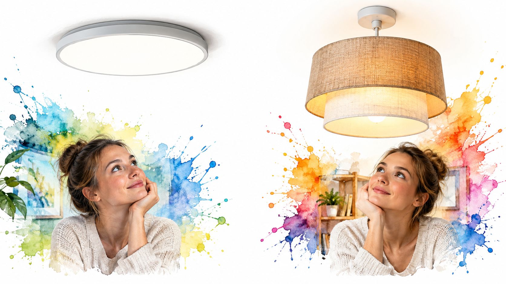 Une femme rêveuse regarde deux styles de plafonniers design moderne dans un intérieur lumineux et artistique.