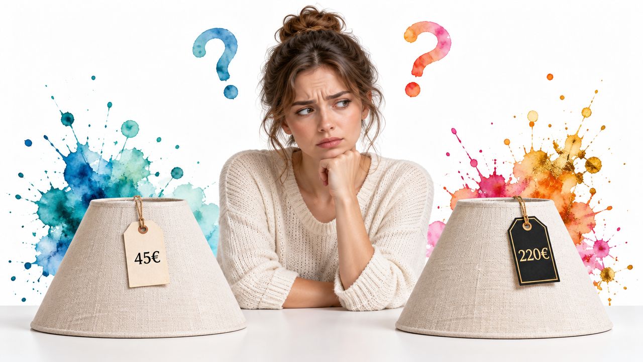Une jeune femme pensive hésitant entre deux tarifs pour un abat-jour dans un style artistique coloré.