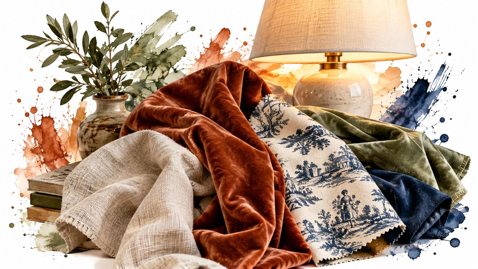 Des échantillons de tissus texturés, un vase avec des branches et une lampe de table vintage élégante.