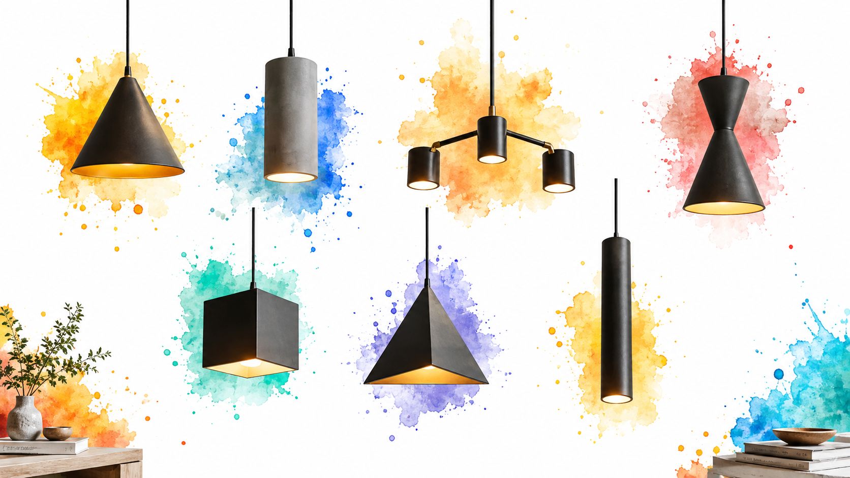 Une sélection variée de suspensions lumineuses modernes suspendues sur un fond blanc avec des taches d'aquarelle colorées.