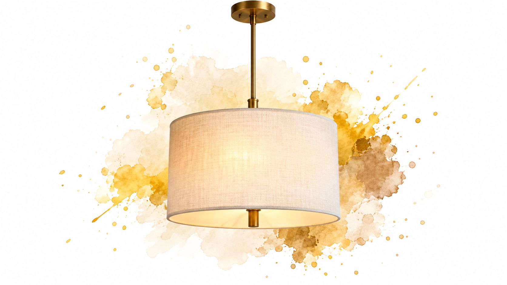 Une élégante lampe suspension en laiton avec un abat-jour en tissu clair sur fond aquarelle doré abstrait.