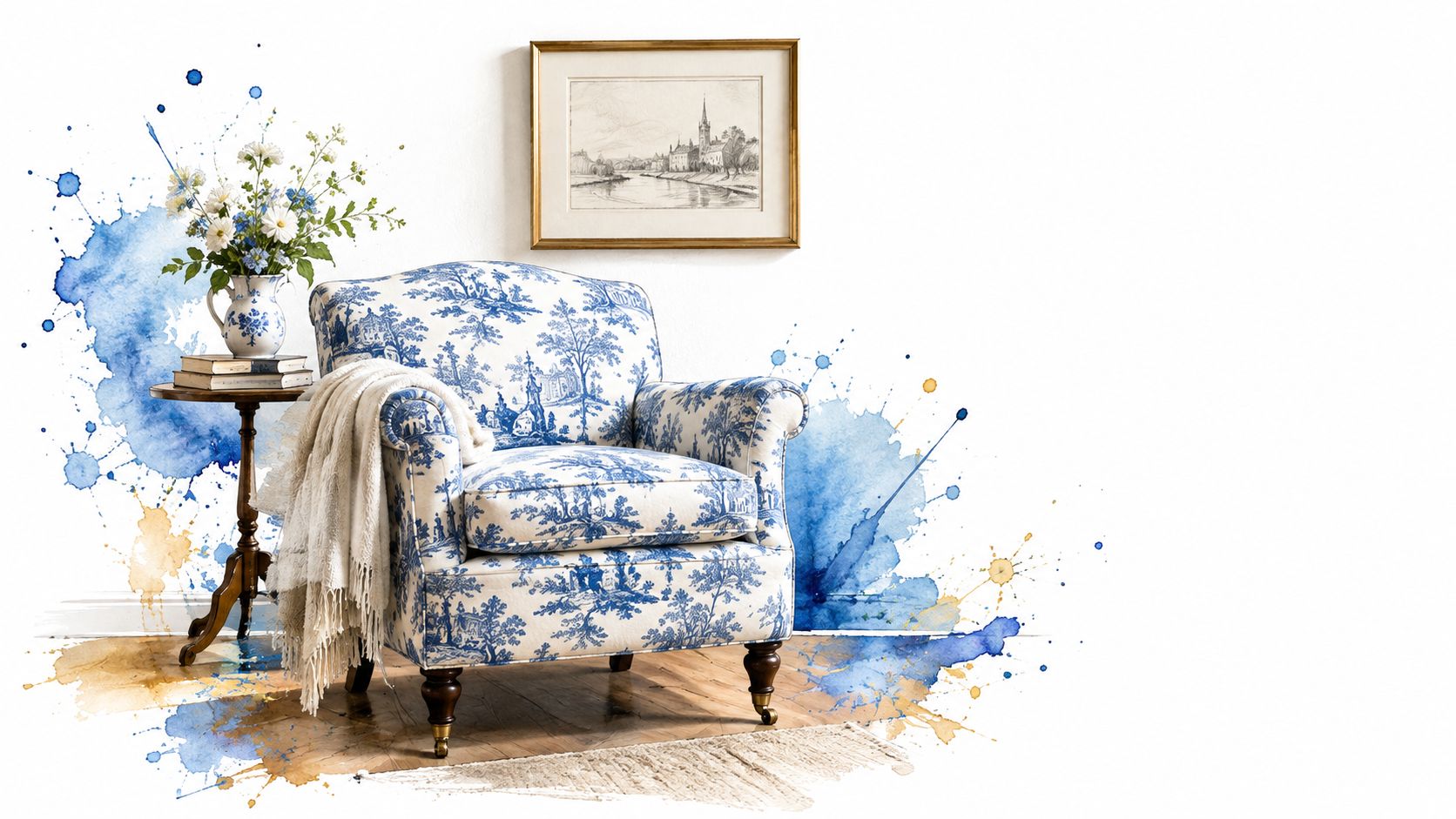 Un fauteuil classique avec un motif toile de jouy bleu et blanc devant un mur décoré d'aquarelle.