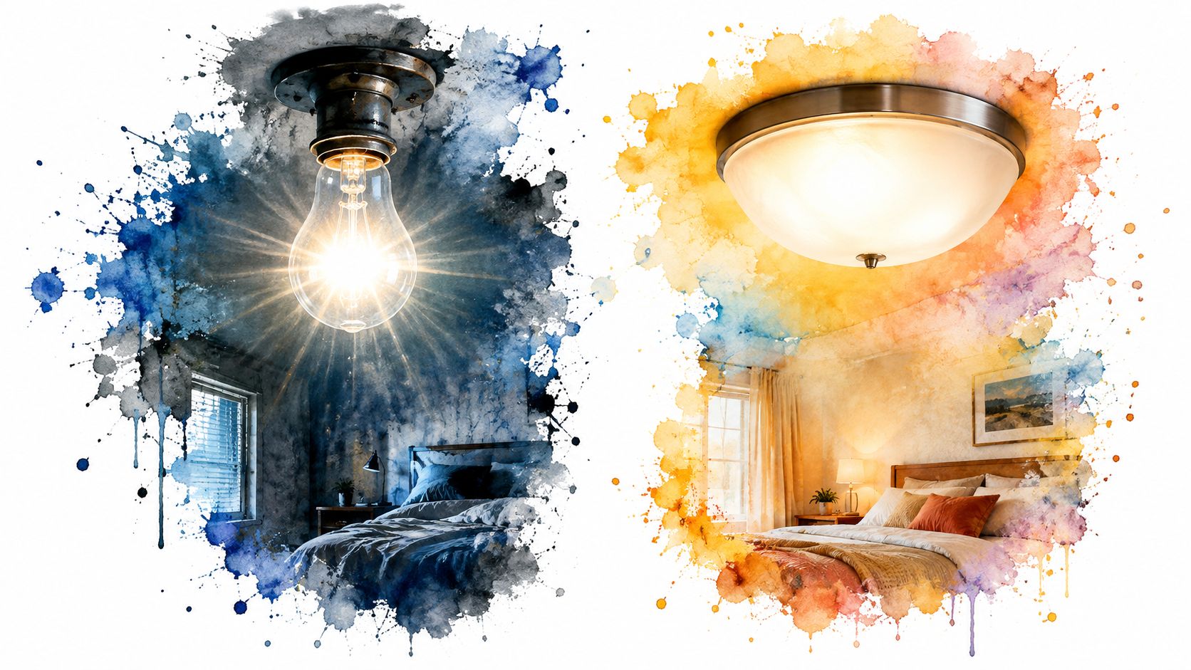 Comparaison artistique entre un plafonnier moderne et une ampoule vintage dans deux chambres à coucher différentes.