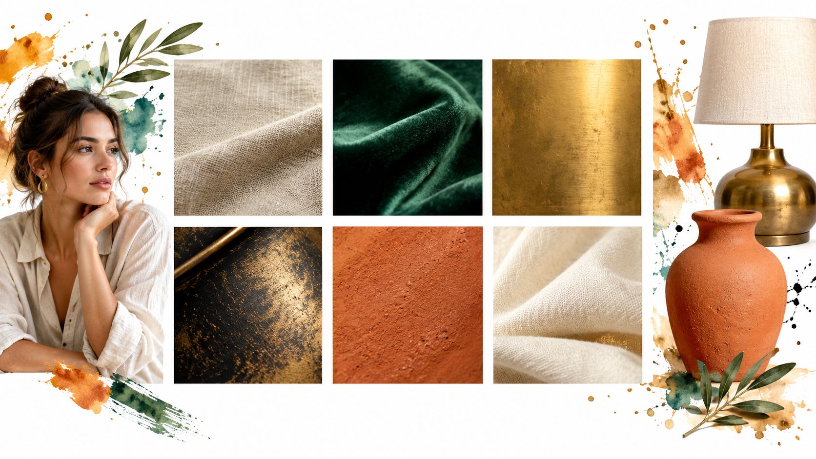 Moodboard design montrant une femme, des textures de tissus, du métal doré et une lampe sur fond blanc.