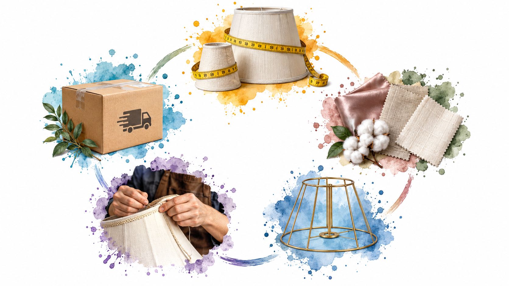 Illustration montrant les étapes de fabrication et de livraison de nos abat-jours personnalisés faits à la main.