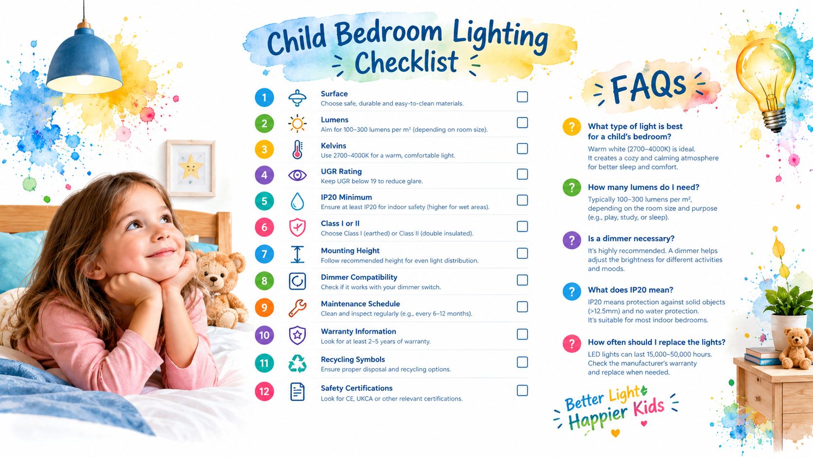 Une fille regarde avec enthousiasme une liste de contrôle illustrée pour choisir le meilleur éclairage d'une chambre d'enfant.