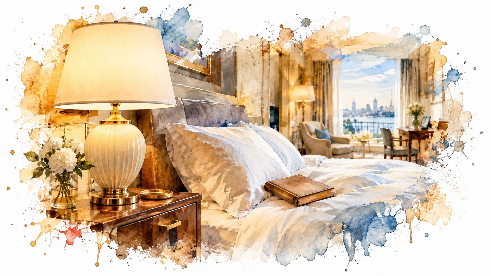 Une élégante chambre d'hôtel avec une lampe de chevet, un livre posé sur le lit et vue urbaine.