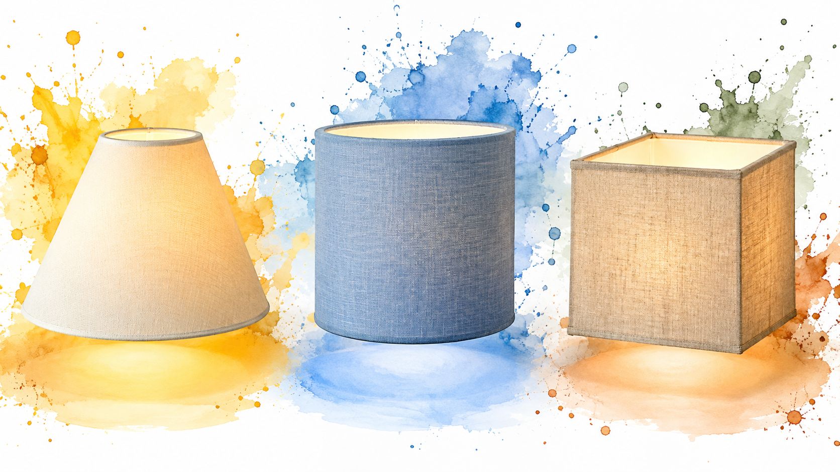 Trois abat-jours de formes différentes posés devant des éclaboussures de peinture colorée, style décoratif et moderne.