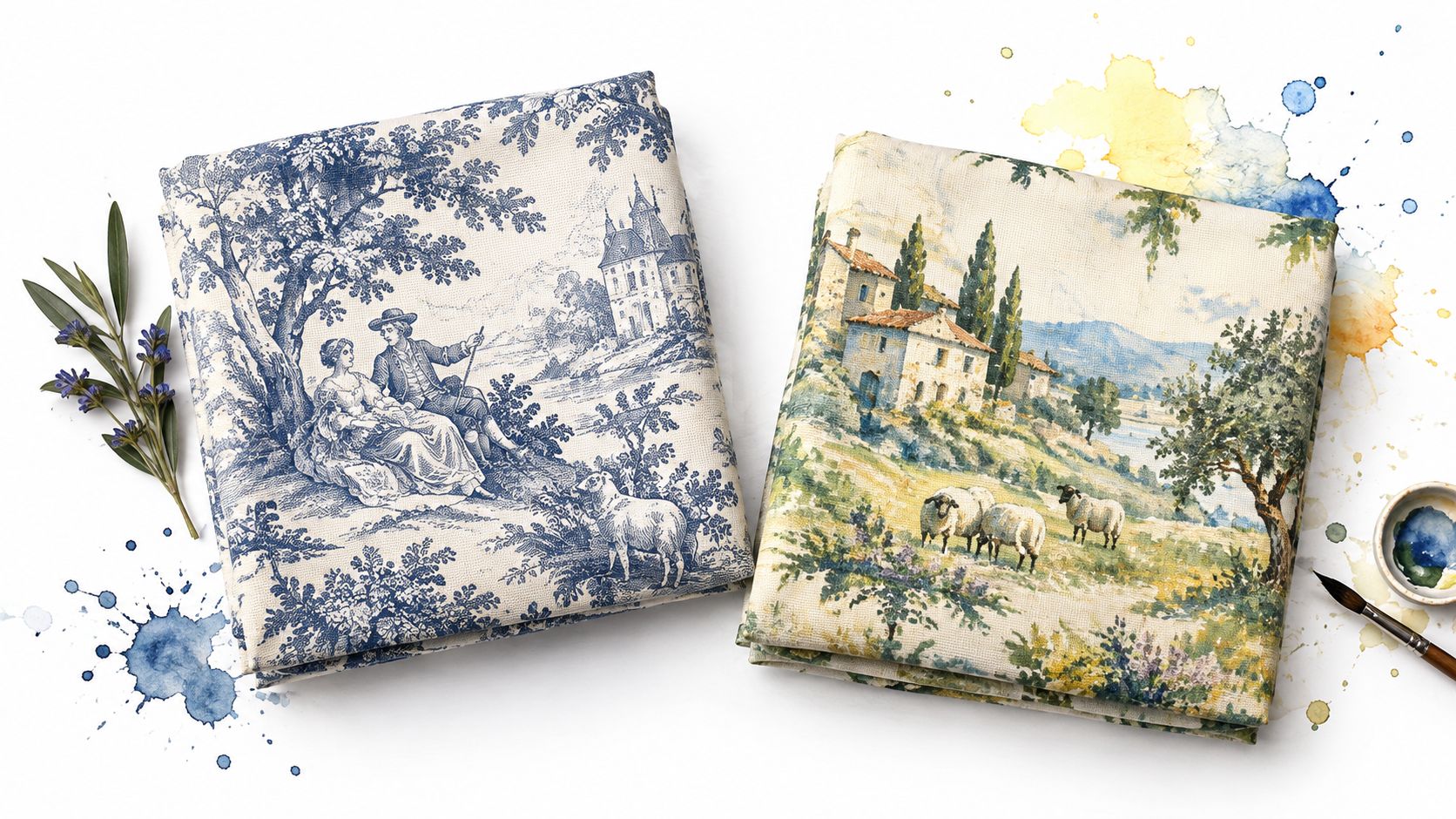 Deux échantillons de tissu avec des motifs de style toile de jouy et des paysages champêtres bucoliques.