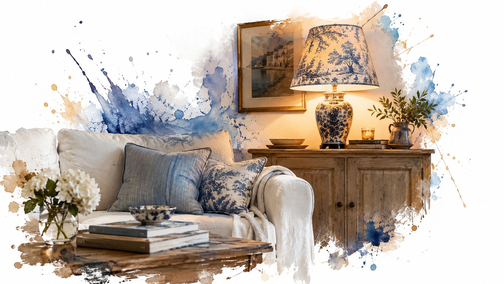 Salon confortable avec canapé blanc, coussins à motifs toile de jouy et lampe vintage sur meuble en bois.