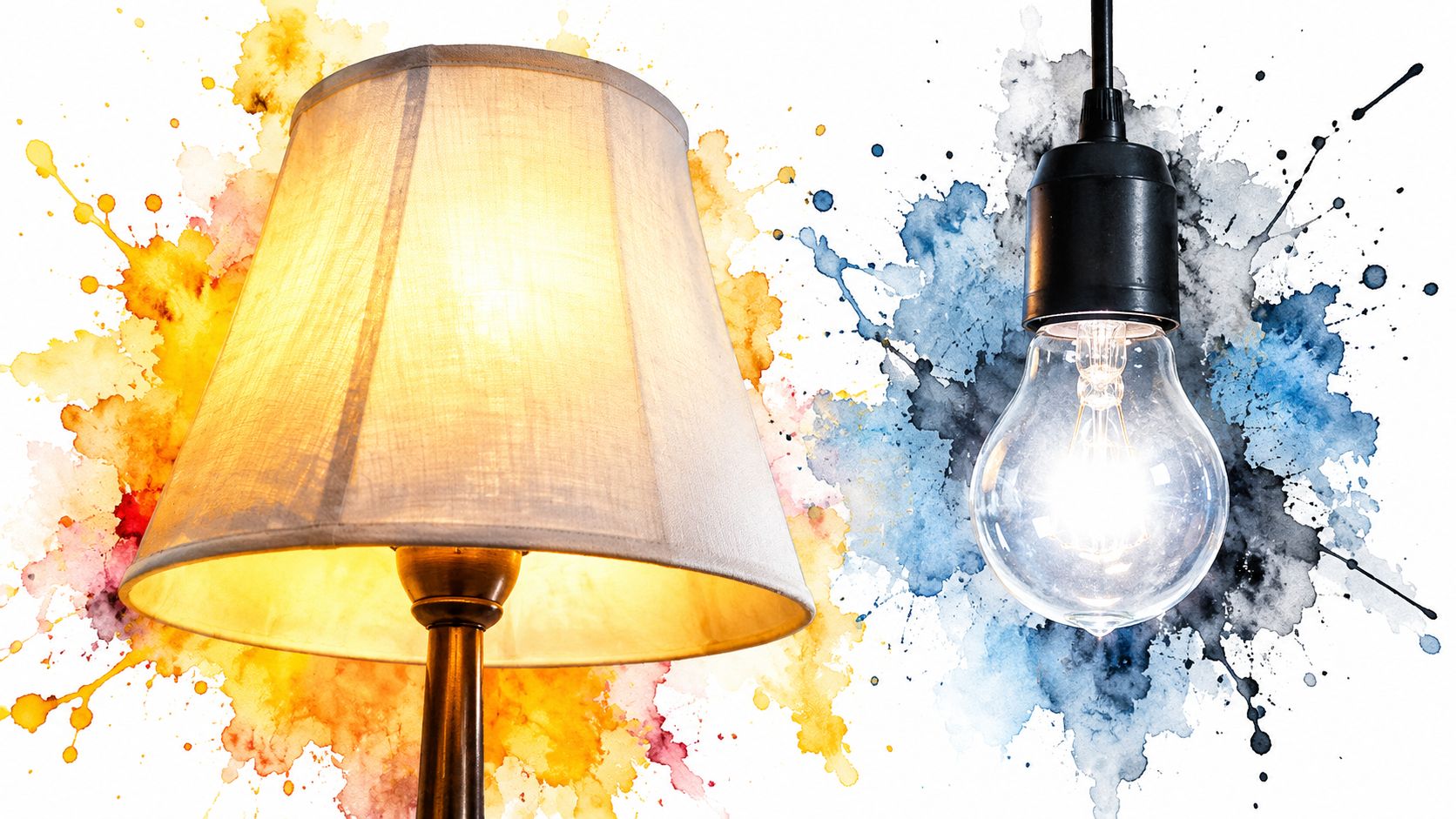 Une lampe de chevet avec un abat-jour éclairé et une ampoule suspendue sur fond de taches colorées.