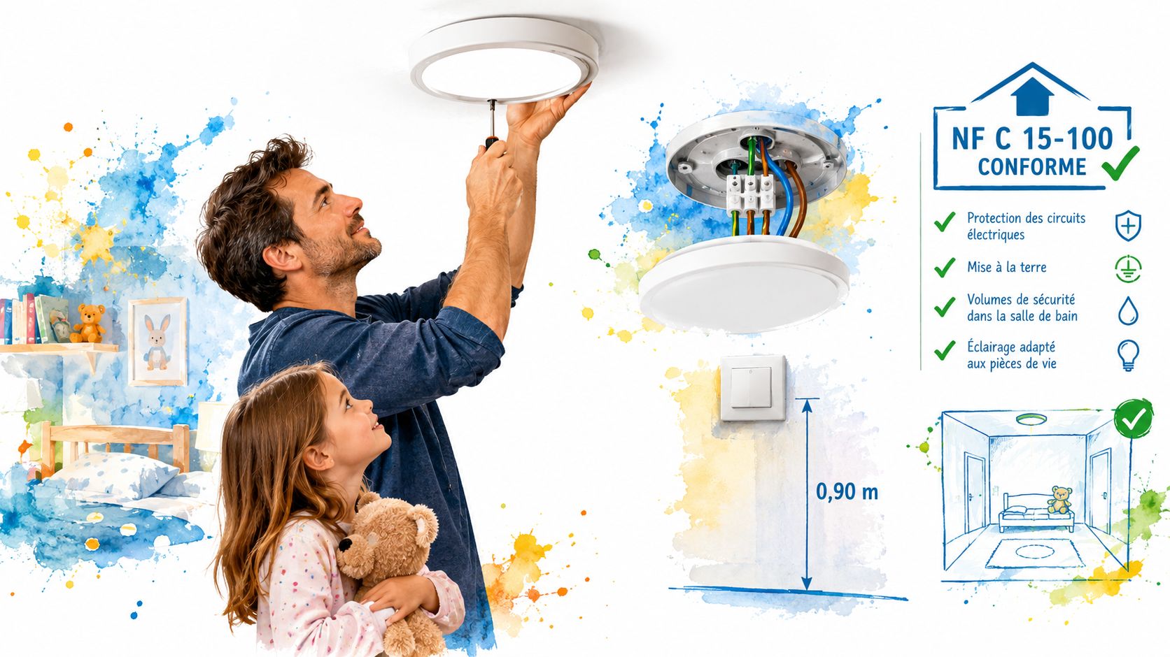 Un père et sa fille installent un plafonnier lumineux dans une chambre d'enfant aux couleurs vives.